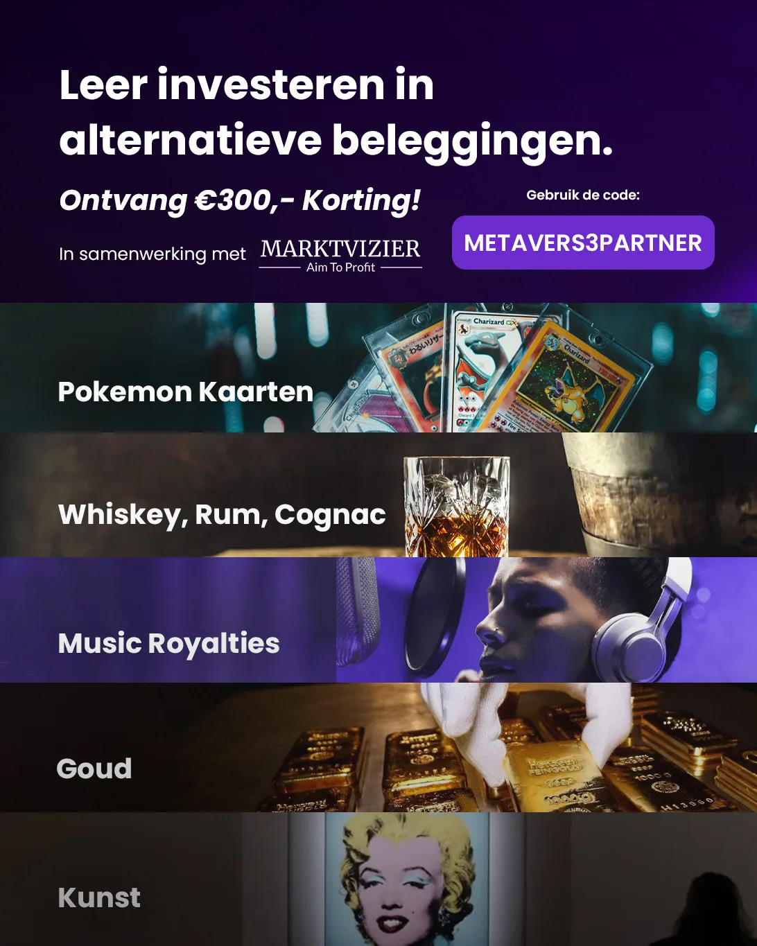 Alternatief beleggen — Metavers3 × MarktVizier, €300 korting met code METAVERS3PARTNER